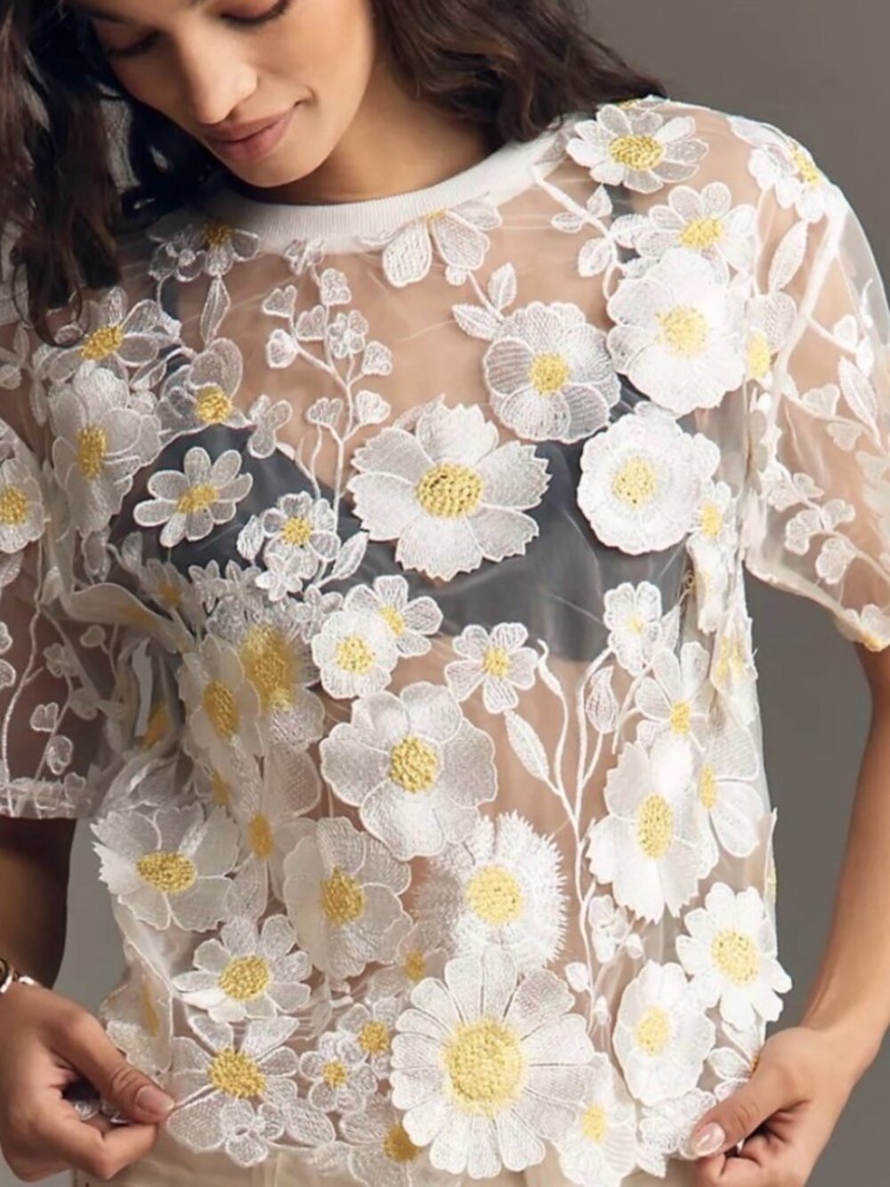 NWT Anthropologie Dolan White Sheer Top w/Sunflower Appliques Embellished SMALL